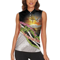 Hawaii Mokihana Mix Pikake Leis Mahalo 'Olelo Women Sleeveless Polo Shirt Black LT7 - Polynesian Pride