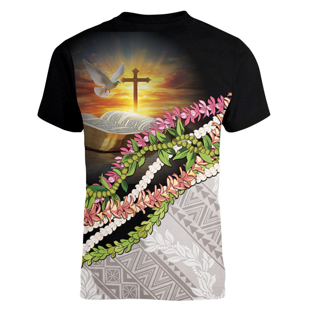 Hawaii Mokihana Mix Pikake Leis Mahalo 'Olelo Women V-Neck T-Shirt Black LT7 - Polynesian Pride