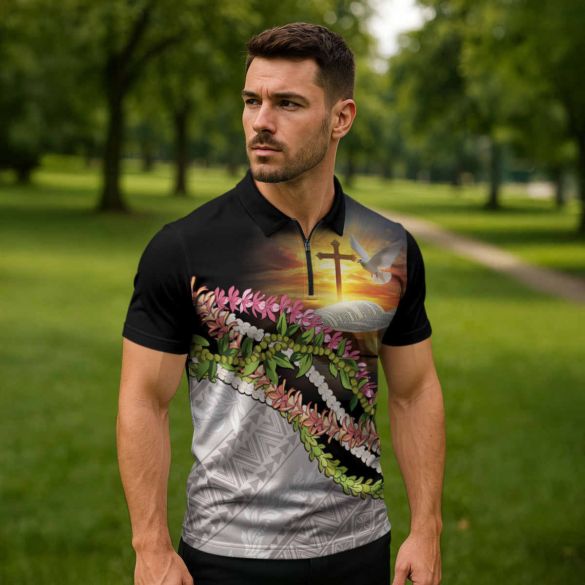 Hawaii Mokihana Mix Pikake Leis Mahalo 'Olelo Zipper Polo Shirt Black LT7 - Polynesian Pride