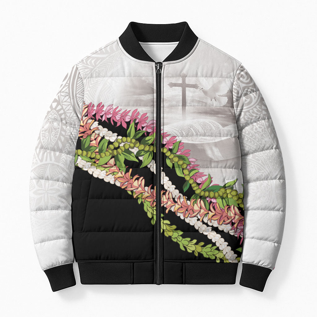 Hawaii Mokihana Mix Pikake Leis Mahalo 'Olelo Bomber Puffer Jacket White Tapa LT7 Unisex White - Polynesian Pride