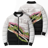 Hawaii Mokihana Mix Pikake Leis Mahalo 'Olelo Bomber Puffer Jacket White Tapa LT7 - Polynesian Pride