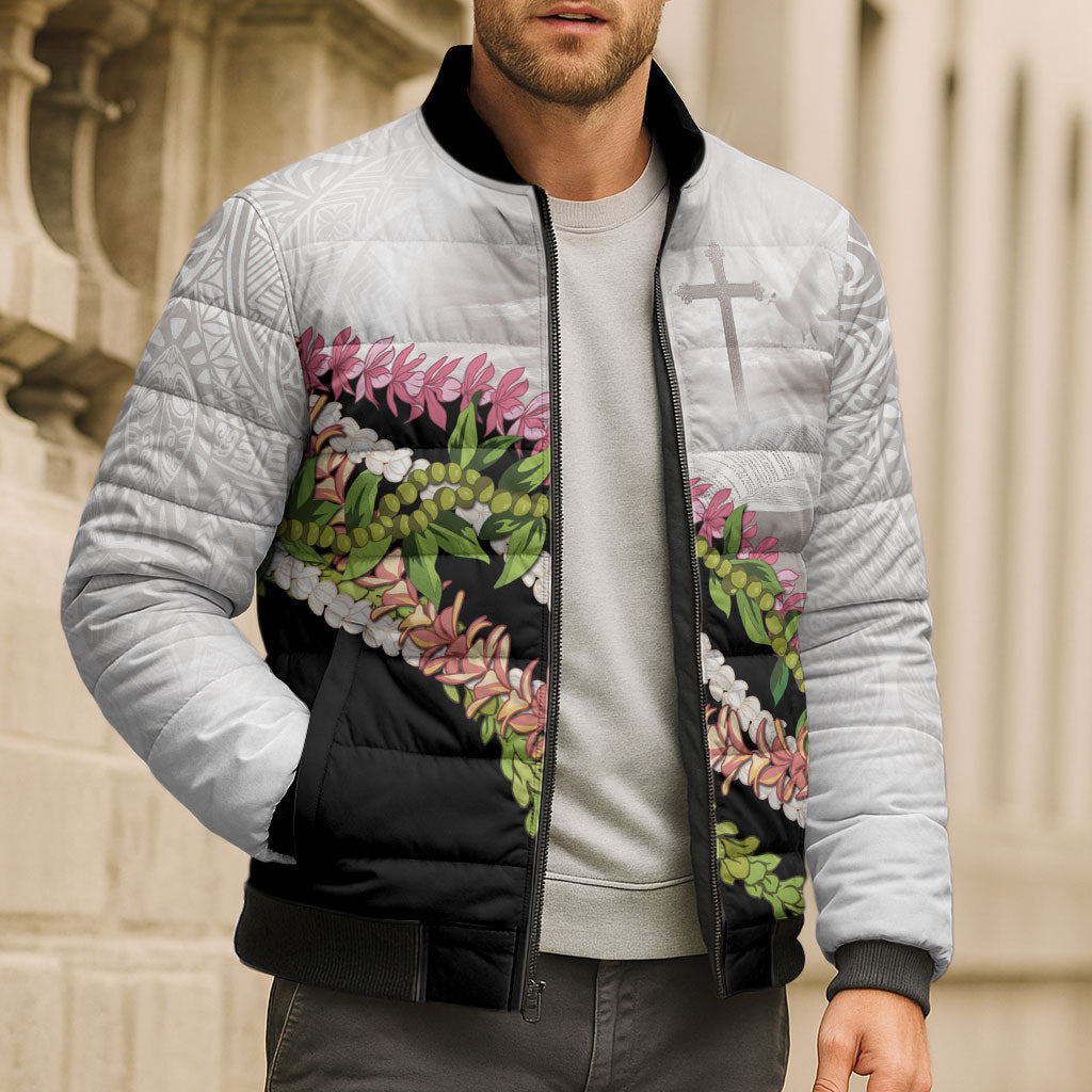 Hawaii Mokihana Mix Pikake Leis Mahalo 'Olelo Bomber Puffer Jacket White Tapa LT7 - Polynesian Pride