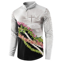 Hawaii Mokihana Mix Pikake Leis Mahalo 'Olelo Button Sweatshirt White Tapa LT7 - Polynesian Pride