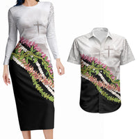 Hawaii Mokihana Mix Pikake Leis Mahalo 'Olelo Couples Matching Long Sleeve Bodycon Dress and Hawaiian Shirt White Tapa LT7 White - Polynesian Pride