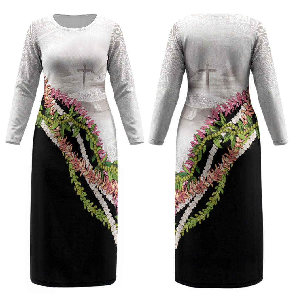 Hawaii Mokihana Mix Pikake Leis Mahalo 'Olelo Couples Matching Long Sleeve Bodycon Dress and Hawaiian Shirt White Tapa LT7 - Polynesian Pride