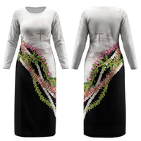 Hawaii Mokihana Mix Pikake Leis Mahalo 'Olelo Couples Matching Long Sleeve Bodycon Dress and Hawaiian Shirt White Tapa LT7 - Polynesian Pride