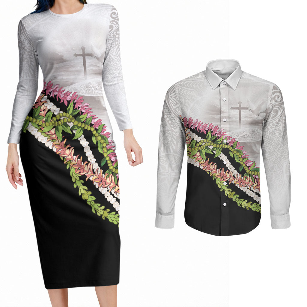 Hawaii Mokihana Mix Pikake Leis Mahalo 'Olelo Couples Matching Long Sleeve Bodycon Dress and Long Sleeve Button Shirt White Tapa LT7 White - Polynesian Pride