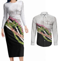 Hawaii Mokihana Mix Pikake Leis Mahalo 'Olelo Couples Matching Long Sleeve Bodycon Dress and Long Sleeve Button Shirt White Tapa LT7 White - Polynesian Pride