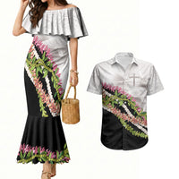 Hawaii Mokihana Mix Pikake Leis Mahalo 'Olelo Couples Matching Mermaid Dress and Hawaiian Shirt White Tapa LT7 White - Polynesian Pride
