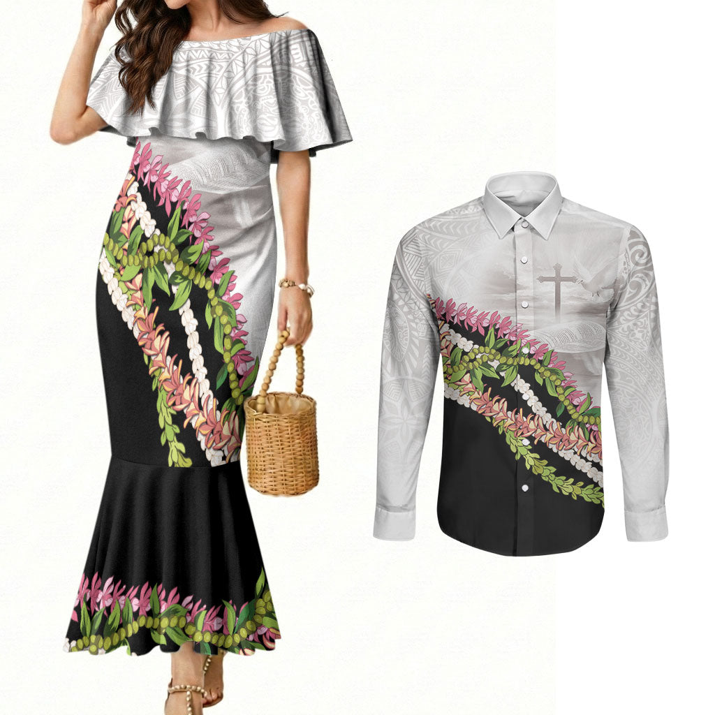 Hawaii Mokihana Mix Pikake Leis Mahalo 'Olelo Couples Matching Mermaid Dress and Long Sleeve Button Shirt White Tapa LT7 White - Polynesian Pride