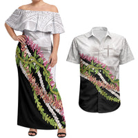 Hawaii Mokihana Mix Pikake Leis Mahalo 'Olelo Couples Matching Off Shoulder Maxi Dress and Hawaiian Shirt White Tapa LT7 White - Polynesian Pride