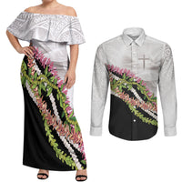 Hawaii Mokihana Mix Pikake Leis Mahalo 'Olelo Couples Matching Off Shoulder Maxi Dress and Long Sleeve Button Shirt White Tapa LT7 White - Polynesian Pride