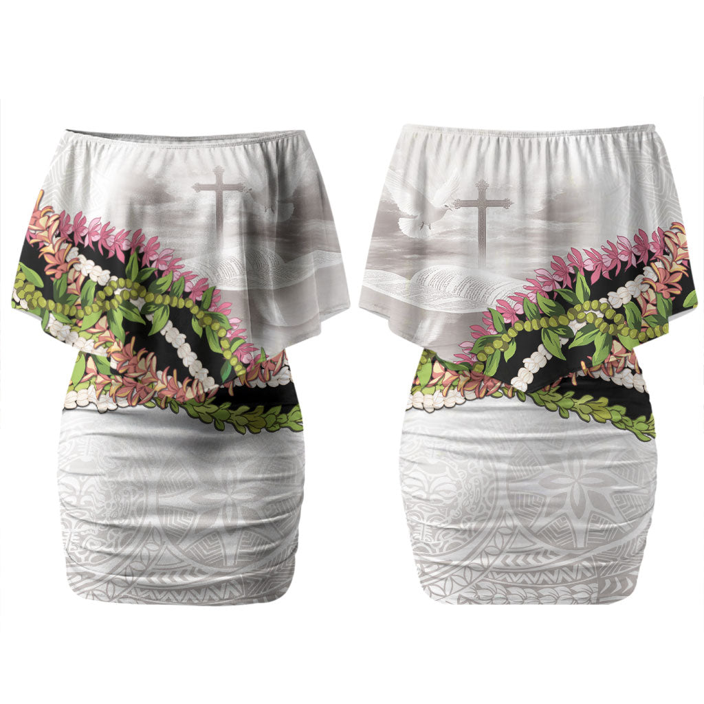 Hawaii Mokihana Mix Pikake Leis Mahalo 'Olelo Couples Matching Off Shoulder Short Dress and Long Sleeve Button Shirt White Tapa LT7 - Polynesian Pride