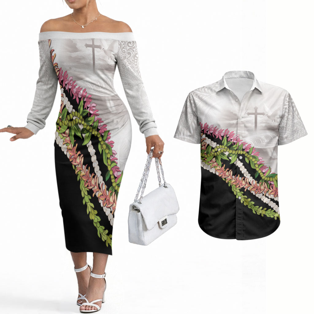 Hawaii Mokihana Mix Pikake Leis Mahalo 'Olelo Couples Matching Off The Shoulder Long Sleeve Dress and Hawaiian Shirt White Tapa LT7 White - Polynesian Pride