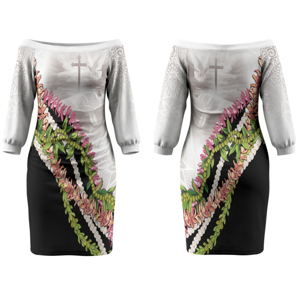 Hawaii Mokihana Mix Pikake Leis Mahalo 'Olelo Couples Matching Off The Shoulder Long Sleeve Dress and Hawaiian Shirt White Tapa LT7 - Polynesian Pride