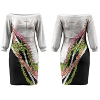 Hawaii Mokihana Mix Pikake Leis Mahalo 'Olelo Couples Matching Off The Shoulder Long Sleeve Dress and Hawaiian Shirt White Tapa LT7 - Polynesian Pride
