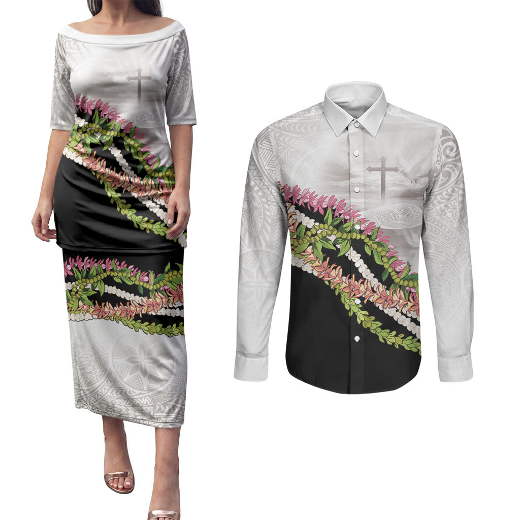 Hawaii Mokihana Mix Pikake Leis Mahalo 'Olelo Couples Matching Puletasi and Long Sleeve Button Shirt White Tapa LT7 White - Polynesian Pride
