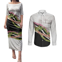 Hawaii Mokihana Mix Pikake Leis Mahalo 'Olelo Couples Matching Puletasi and Long Sleeve Button Shirt White Tapa LT7 White - Polynesian Pride