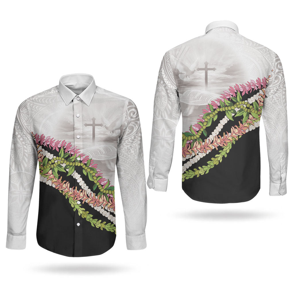 Hawaii Mokihana Mix Pikake Leis Mahalo 'Olelo Couples Matching Puletasi and Long Sleeve Button Shirt White Tapa LT7 - Polynesian Pride