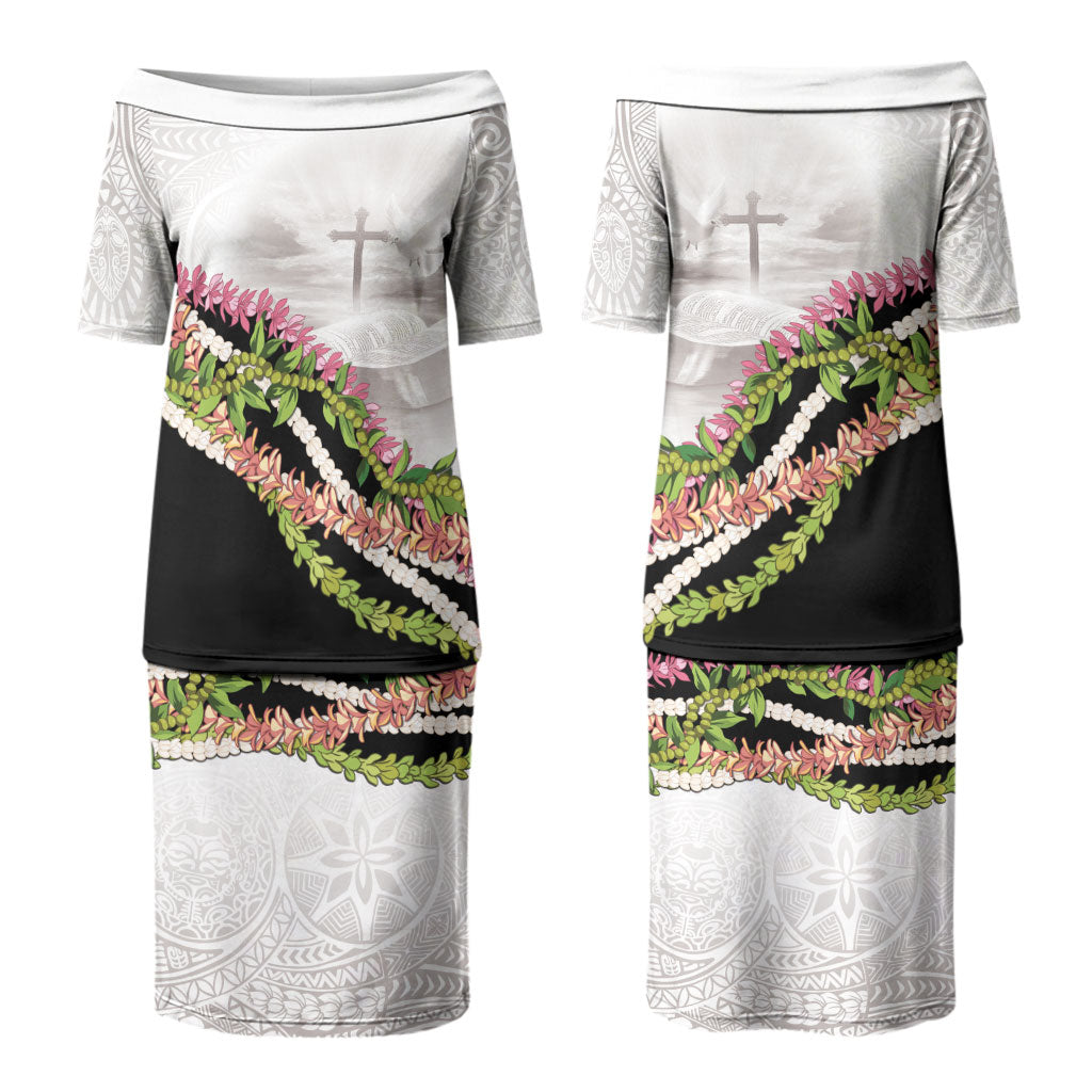 Hawaii Mokihana Mix Pikake Leis Mahalo 'Olelo Couples Matching Puletasi and Long Sleeve Button Shirt White Tapa LT7 - Polynesian Pride