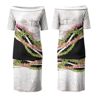Hawaii Mokihana Mix Pikake Leis Mahalo 'Olelo Couples Matching Puletasi and Long Sleeve Button Shirt White Tapa LT7 - Polynesian Pride