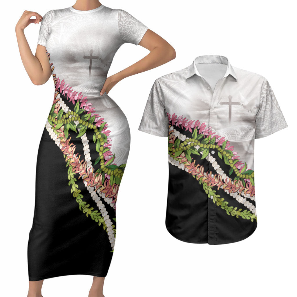 Hawaii Mokihana Mix Pikake Leis Mahalo 'Olelo Couples Matching Short Sleeve Bodycon Dress and Hawaiian Shirt White Tapa LT7 White - Polynesian Pride