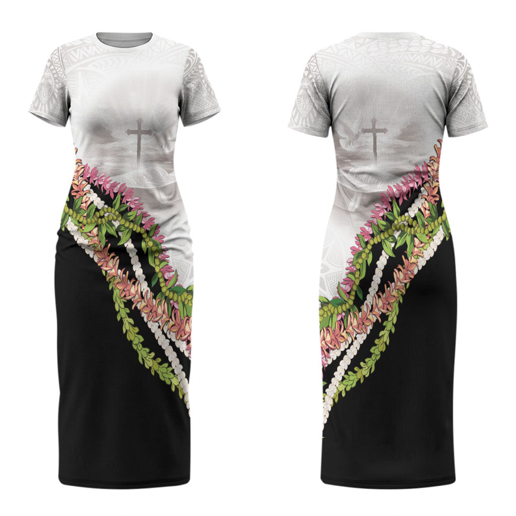 Hawaii Mokihana Mix Pikake Leis Mahalo 'Olelo Couples Matching Short Sleeve Bodycon Dress and Hawaiian Shirt White Tapa LT7 - Polynesian Pride