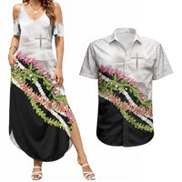 Hawaii Mokihana Mix Pikake Leis Mahalo 'Olelo Couples Matching Summer Maxi Dress and Hawaiian Shirt White Tapa LT7 White - Polynesian Pride