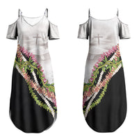 Hawaii Mokihana Mix Pikake Leis Mahalo 'Olelo Couples Matching Summer Maxi Dress and Hawaiian Shirt White Tapa LT7 - Polynesian Pride
