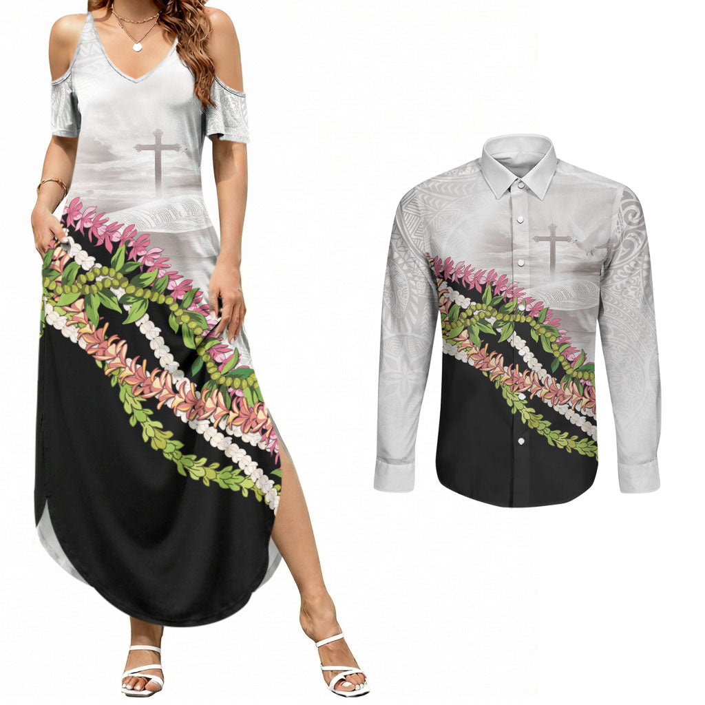 Hawaii Mokihana Mix Pikake Leis Mahalo 'Olelo Couples Matching Summer Maxi Dress and Long Sleeve Button Shirt White Tapa LT7 White - Polynesian Pride