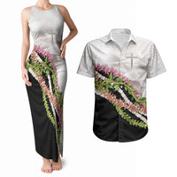 Hawaii Mokihana Mix Pikake Leis Mahalo 'Olelo Couples Matching Tank Maxi Dress and Hawaiian Shirt White Tapa LT7 White - Polynesian Pride