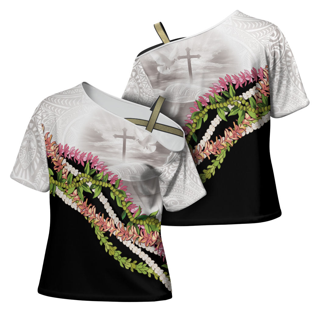Hawaii Mokihana Mix Pikake Leis Mahalo 'Olelo Cross Shoulder Shirt White Tapa LT7 - Polynesian Pride
