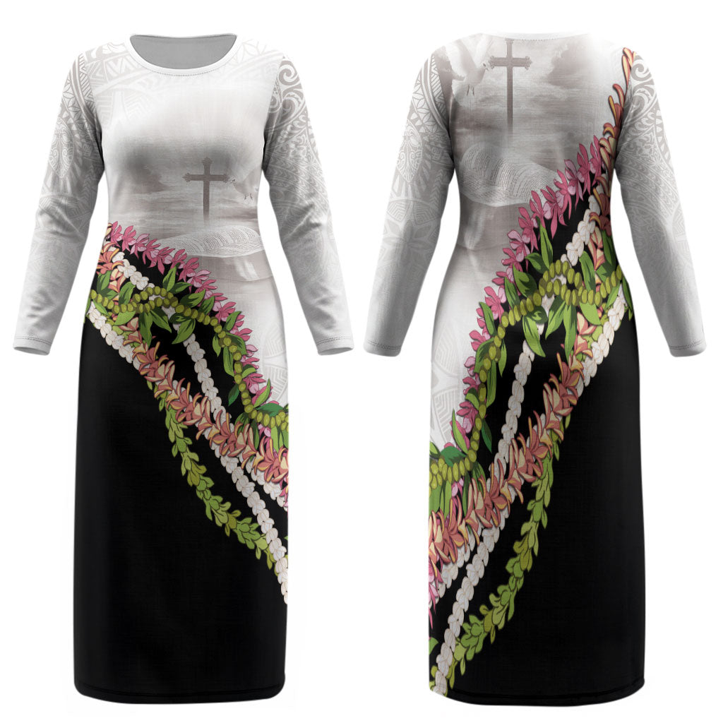 Hawaii Mokihana Mix Pikake Leis Mahalo 'Olelo Family Matching Long Sleeve Bodycon Dress and Hawaiian Shirt White Tapa LT7 Mom's Dress White - Polynesian Pride