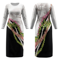 Hawaii Mokihana Mix Pikake Leis Mahalo 'Olelo Family Matching Long Sleeve Bodycon Dress and Hawaiian Shirt White Tapa LT7 Mom's Dress White - Polynesian Pride
