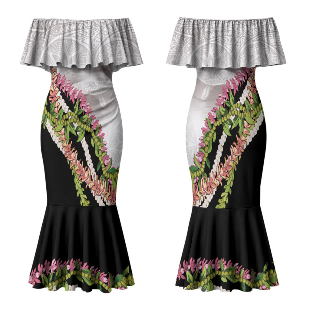 Hawaii Mokihana Mix Pikake Leis Mahalo 'Olelo Family Matching Mermaid Dress and Hawaiian Shirt White Tapa LT7 Mom's Dress White - Polynesian Pride