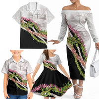 Hawaii Mokihana Mix Pikake Leis Mahalo 'Olelo Family Matching Off The Shoulder Long Sleeve Dress and Hawaiian Shirt White Tapa LT7 - Polynesian Pride