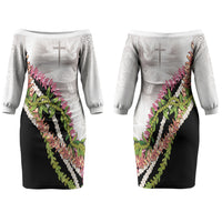 Hawaii Mokihana Mix Pikake Leis Mahalo 'Olelo Family Matching Off The Shoulder Long Sleeve Dress and Hawaiian Shirt White Tapa LT7 Mom's Dress White - Polynesian Pride