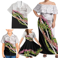 Hawaii Mokihana Mix Pikake Leis Mahalo 'Olelo Family Matching Off Shoulder Maxi Dress and Hawaiian Shirt White Tapa LT7 - Polynesian Pride