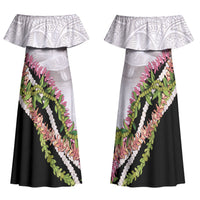 Hawaii Mokihana Mix Pikake Leis Mahalo 'Olelo Family Matching Off Shoulder Maxi Dress and Hawaiian Shirt White Tapa LT7 Mom's Dress White - Polynesian Pride