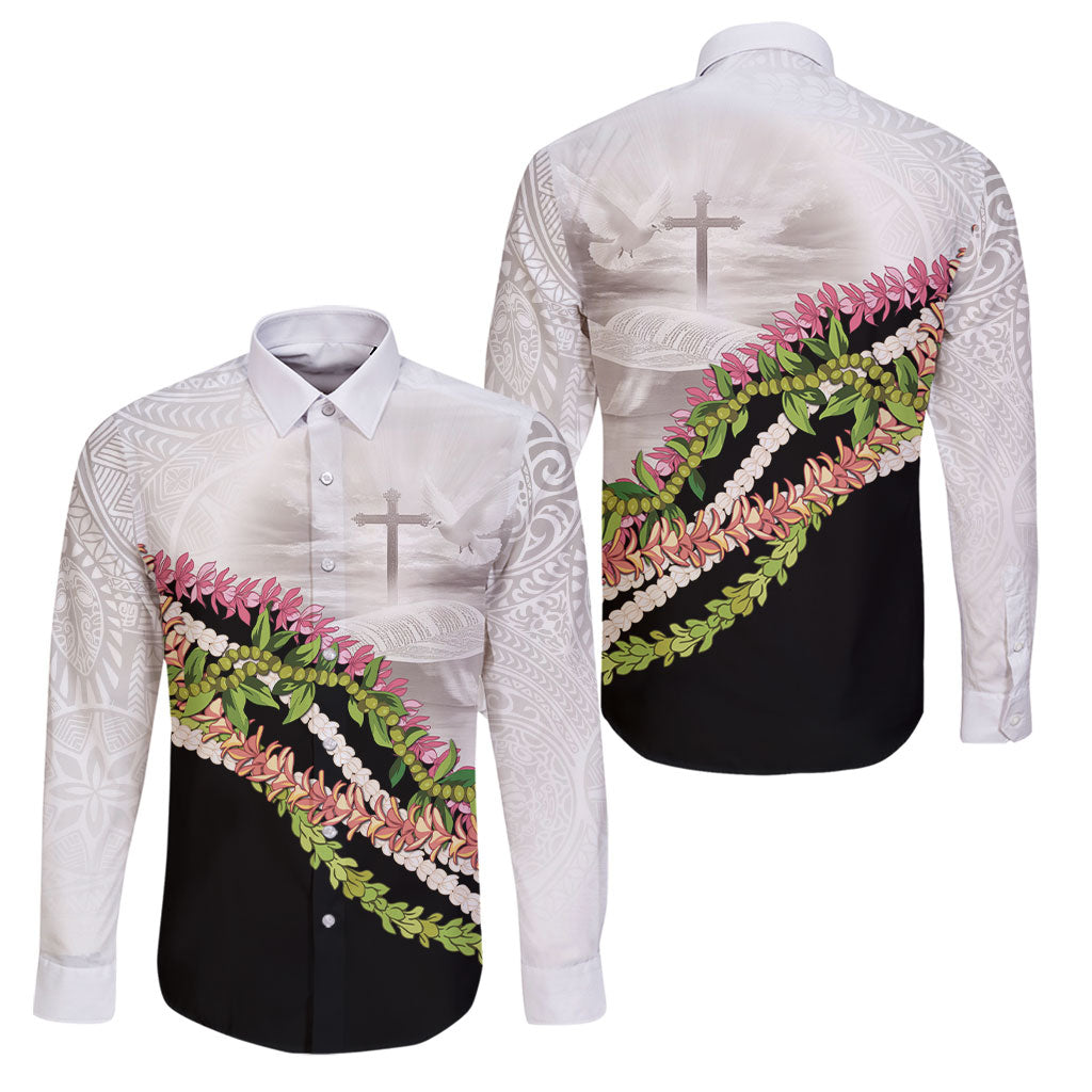 Hawaii Mokihana Mix Pikake Leis Mahalo 'Olelo Family Matching Off Shoulder Maxi Dress and Hawaiian Shirt White Tapa LT7 Dad's Shirt - Long Sleeve White - Polynesian Pride