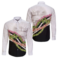 Hawaii Mokihana Mix Pikake Leis Mahalo 'Olelo Family Matching Puletasi and Hawaiian Shirt White Tapa LT7 Dad's Shirt - Long Sleeve White - Polynesian Pride