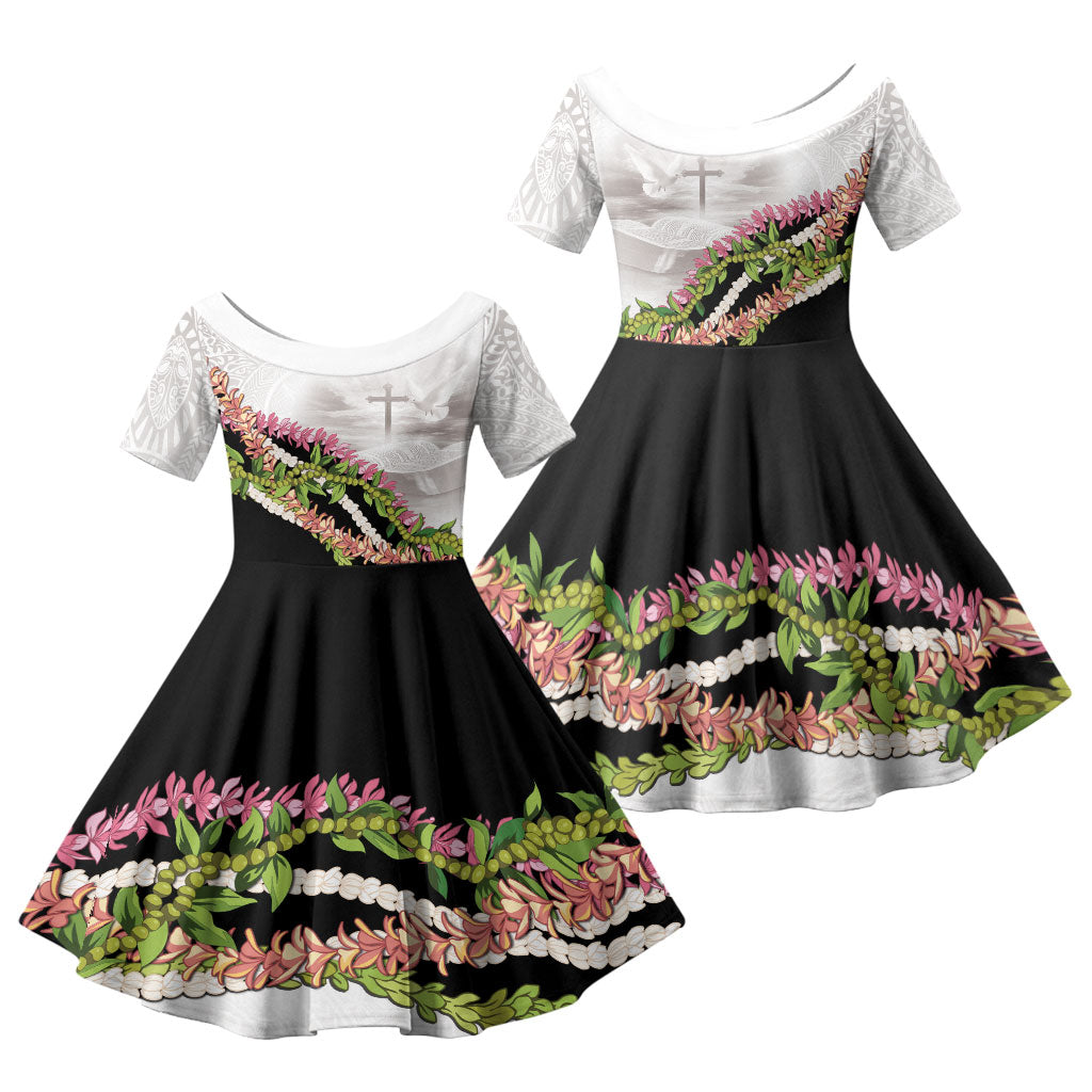 Hawaii Mokihana Mix Pikake Leis Mahalo 'Olelo Family Matching Puletasi and Hawaiian Shirt White Tapa LT7 Daughter's Dress White - Polynesian Pride