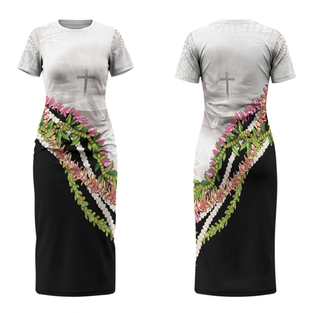 Hawaii Mokihana Mix Pikake Leis Mahalo 'Olelo Family Matching Short Sleeve Bodycon Dress and Hawaiian Shirt White Tapa LT7 Mom's Dress White - Polynesian Pride