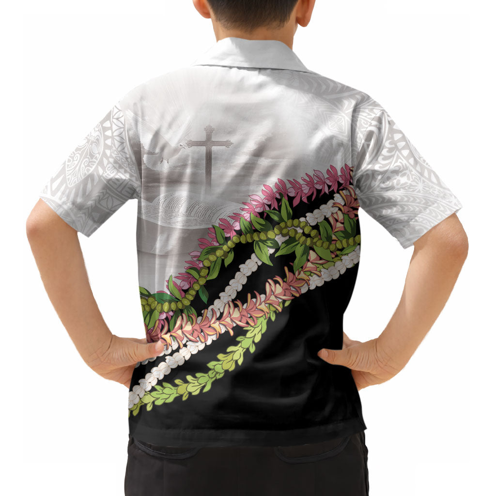 Hawaii Mokihana Mix Pikake Leis Mahalo 'Olelo Kid Hawaiian Shirt White Tapa LT7 - Polynesian Pride