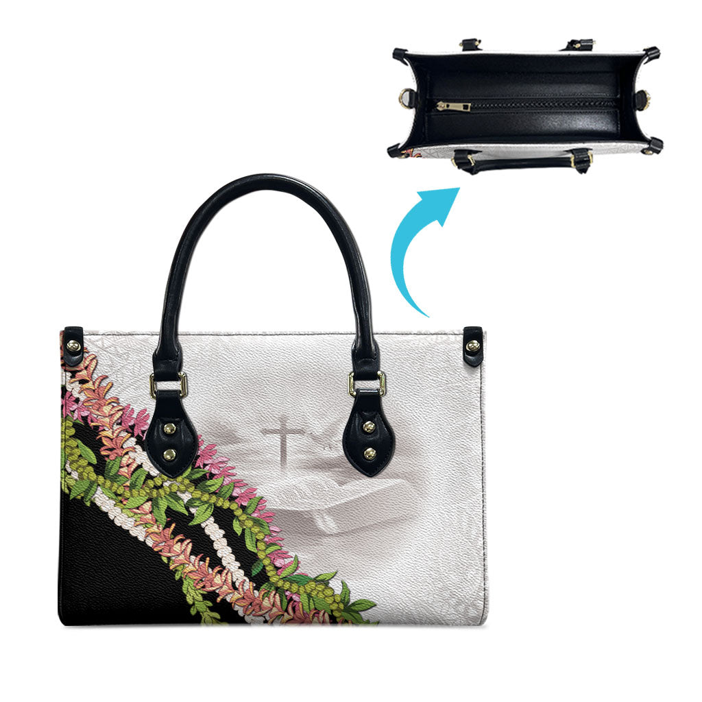 Hawaii Mokihana Mix Pikake Leis Mahalo 'Olelo Leather Bag White Tapa LT7 - Polynesian Pride