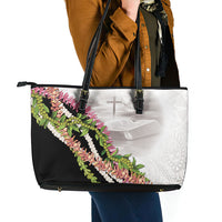 Hawaii Mokihana Mix Pikake Leis Mahalo 'Olelo Leather Tote Bag White Tapa LT7 - Polynesian Pride