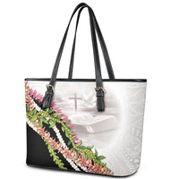 Hawaii Mokihana Mix Pikake Leis Mahalo 'Olelo Leather Tote Bag White Tapa LT7 - Polynesian Pride