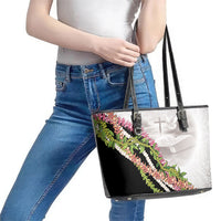Hawaii Mokihana Mix Pikake Leis Mahalo 'Olelo Leather Tote Bag White Tapa LT7 - Polynesian Pride