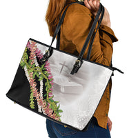 Hawaii Mokihana Mix Pikake Leis Mahalo 'Olelo Leather Tote Bag White Tapa LT7 - Polynesian Pride
