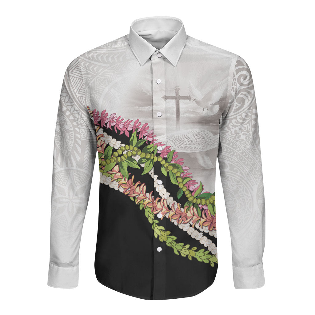 Hawaii Mokihana Mix Pikake Leis Mahalo 'Olelo Long Sleeve Button Shirt White Tapa LT7 Unisex White - Polynesian Pride
